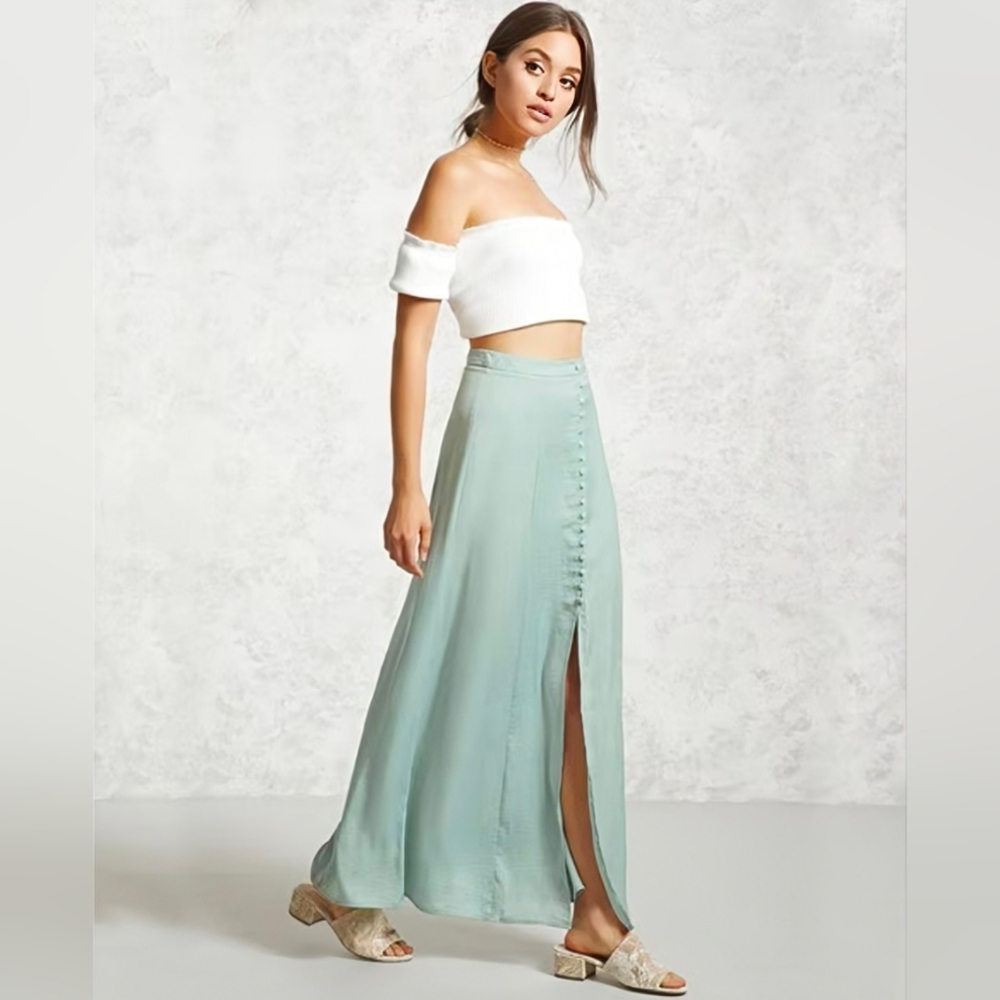 F21 Light Sage Green Button Maxi Skirt
